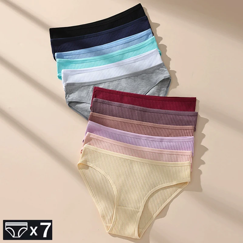 7Pcs Women's Panties Striped Briefs for Women Low-Rise Breathable Cotton Female Soft Underwear Solid Colors Ladies Underpants - Image 2