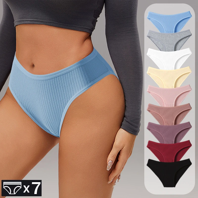 7Pcs Women's Panties Striped Briefs for Women Low-Rise Breathable Cotton Female Soft Underwear Solid Colors Ladies Underpants - Image 3