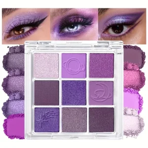 9-color purple and pink eyeshadow palette, long-lasting and waterproof, matte and shimmer finishes, smokey eye makeup palette.