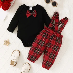 A Cute Little Gentleman's Set For Newborns In Spring And Autumn, Featuring A Black One-Piece Jacket With A Red Checkered Pant