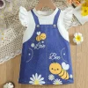 A summer cute and fun little bee flower round neck fake two-piece suspender dress