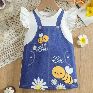 A summer cute and fun little bee flower round neck fake two-piece suspender dress