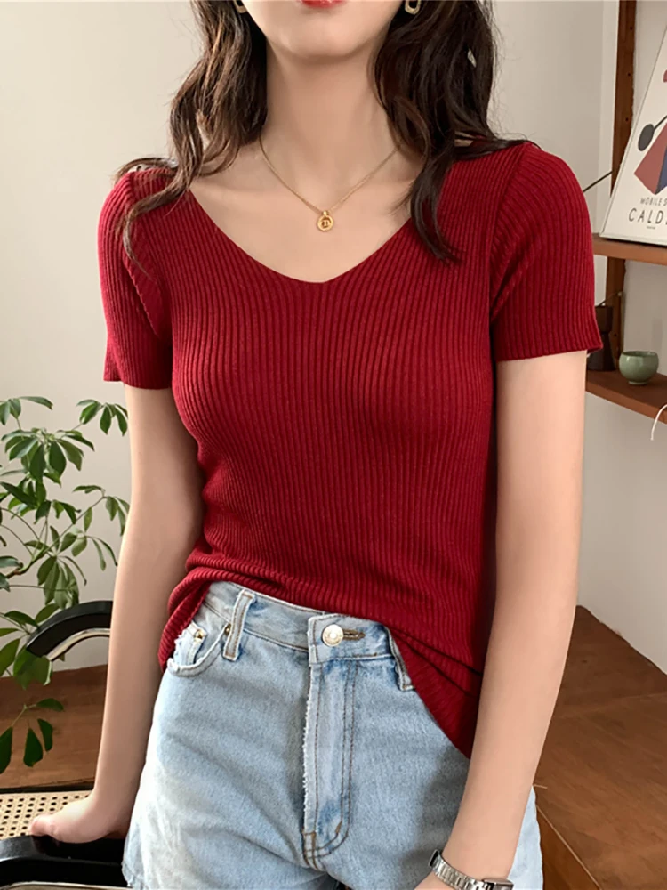 AOSSVIAO 2026 Basic V-neck Solid Thin Summer Pullover Women Female Knitted Ribbed Sweater Slim Short Sleeve Bodycon Sweater - Image 2