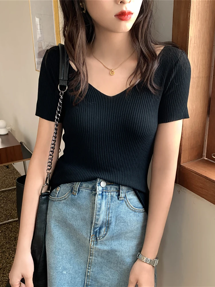 AOSSVIAO 2026 Basic V-neck Solid Thin Summer Pullover Women Female Knitted Ribbed Sweater Slim Short Sleeve Bodycon Sweater - Image 6