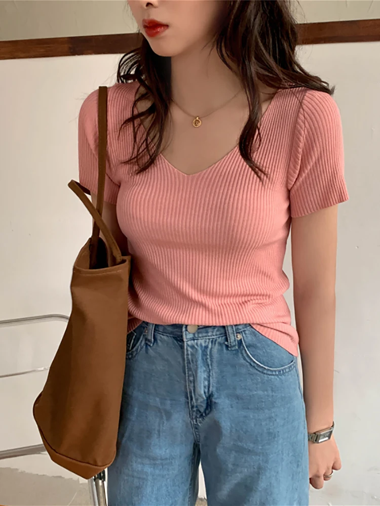 AOSSVIAO 2026 Basic V-neck Solid Thin Summer Pullover Women Female Knitted Ribbed Sweater Slim Short Sleeve Bodycon Sweater - Image 3