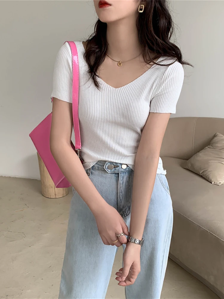 AOSSVIAO 2026 Basic V-neck Solid Thin Summer Pullover Women Female Knitted Ribbed Sweater Slim Short Sleeve Bodycon Sweater - Image 4