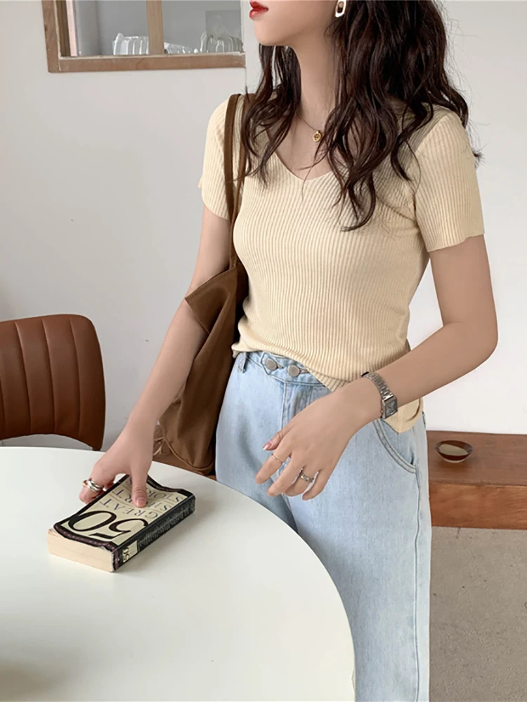 AOSSVIAO 2026 Basic V-neck Solid Thin Summer Pullover Women Female Knitted Ribbed Sweater Slim Short Sleeve Bodycon Sweater - Image 5
