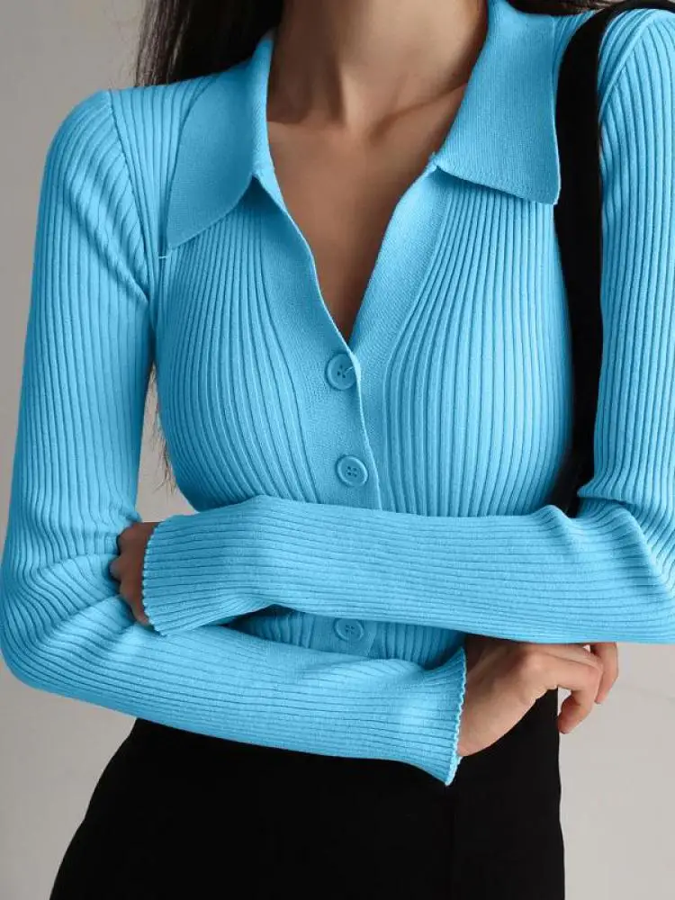 AOSSVIAO 2026 Ladies Buttons Sexy V Neck Long Sleeve POLO Neck Knit Cardigan Sweater Women Lapel Slim Tops - Image 3