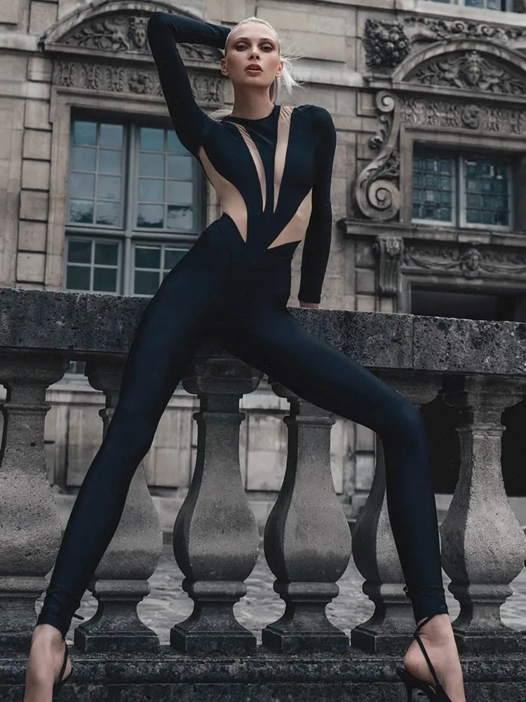 Ahagaga 2025 Fashion High Street Sexy Patchwork Jumpsuits Women Streetwear Casual O-Neck Long Sleeve Slim Bodycon Overall Zipper - Image 2