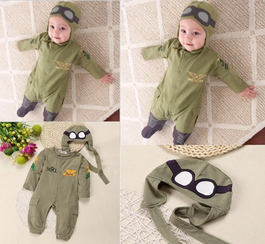 Army Green Baby Rompers Pilot Airman Costumes Baby Boy Clothes Hat Space Jumpsuit + Cap Fly Aviator's Helmet Without Foot Cotton - Image 2