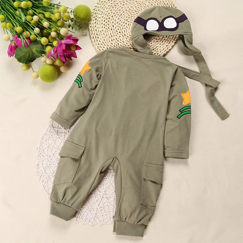 Army Green Baby Rompers Pilot Airman Costumes Baby Boy Clothes Hat Space Jumpsuit + Cap Fly Aviator's Helmet Without Foot Cotton - Image 4