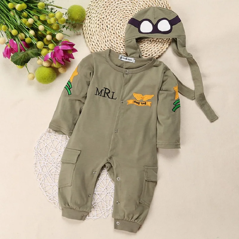 Army Green Baby Rompers Pilot Airman Costumes Baby Boy Clothes Hat Space Jumpsuit + Cap Fly Aviator's Helmet Without Foot Cotton - Image 3