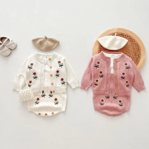 Autumn Newborn Infant Baby Girls Embroidery Flower Knit Cardigan+Romper Muslin Fallow Sweater Coat Kids Fashion Baby Clothing