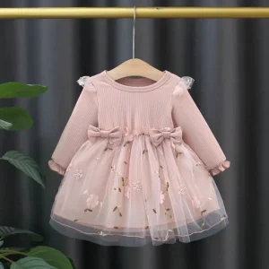 Autumn Spring Toddler Baby Dress Fashion Long Sleeve Knit Flower Embroider Baby Dress Round Neck Casual Pink Dress