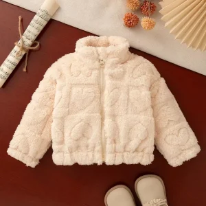 Autumn Winter Baby Girl Coat Love Pattern Zipper Solid Color Plush Coat Cute Outfit for Girls Outdoor Warm Wear