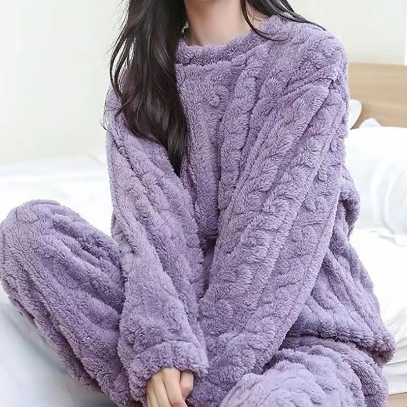 Autumn Women Solid Warm Thicken Velvet Ribbed Fleece Set Pullover And Pants Women Casual Pajama Sets 2024 - Image 4