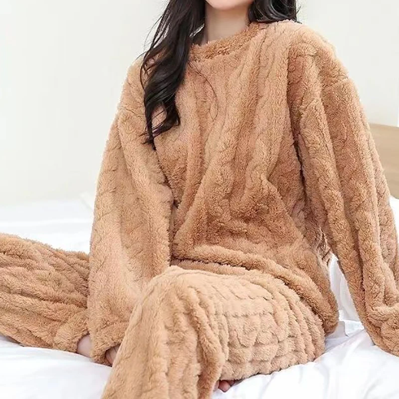 Autumn Women Solid Warm Thicken Velvet Ribbed Fleece Set Pullover And Pants Women Casual Pajama Sets 2024 - Image 3