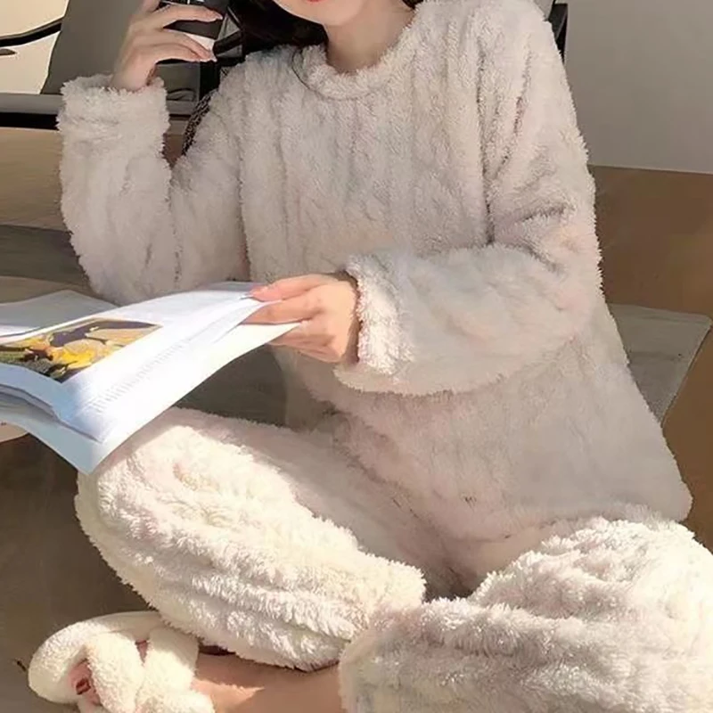 Autumn Women Solid Warm Thicken Velvet Ribbed Fleece Set Pullover And Pants Women Casual Pajama Sets 2024 - Image 6