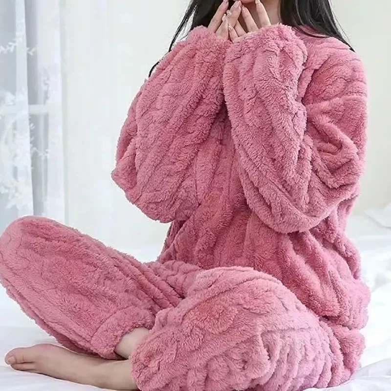 Autumn Women Solid Warm Thicken Velvet Ribbed Fleece Set Pullover And Pants Women Casual Pajama Sets 2024