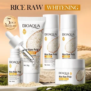 BIOAOUA 5pcs Rice Raw Whitening Travel Set For Cleansing and Moisturizing Whiten
