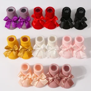 Baby Bow Socks Soft Cotton Cute Ankle Socks for Infants Girls Fashion 3 Pairs Anti-Slip Newborn Baby Floor Socks 0-24 Months