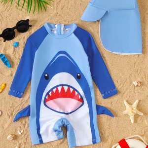 Baby Boy Summer Shark Print Long Sleeve Onesie Swimsuit with Hat Infant Swimwear Cover-up Clothing Accessory