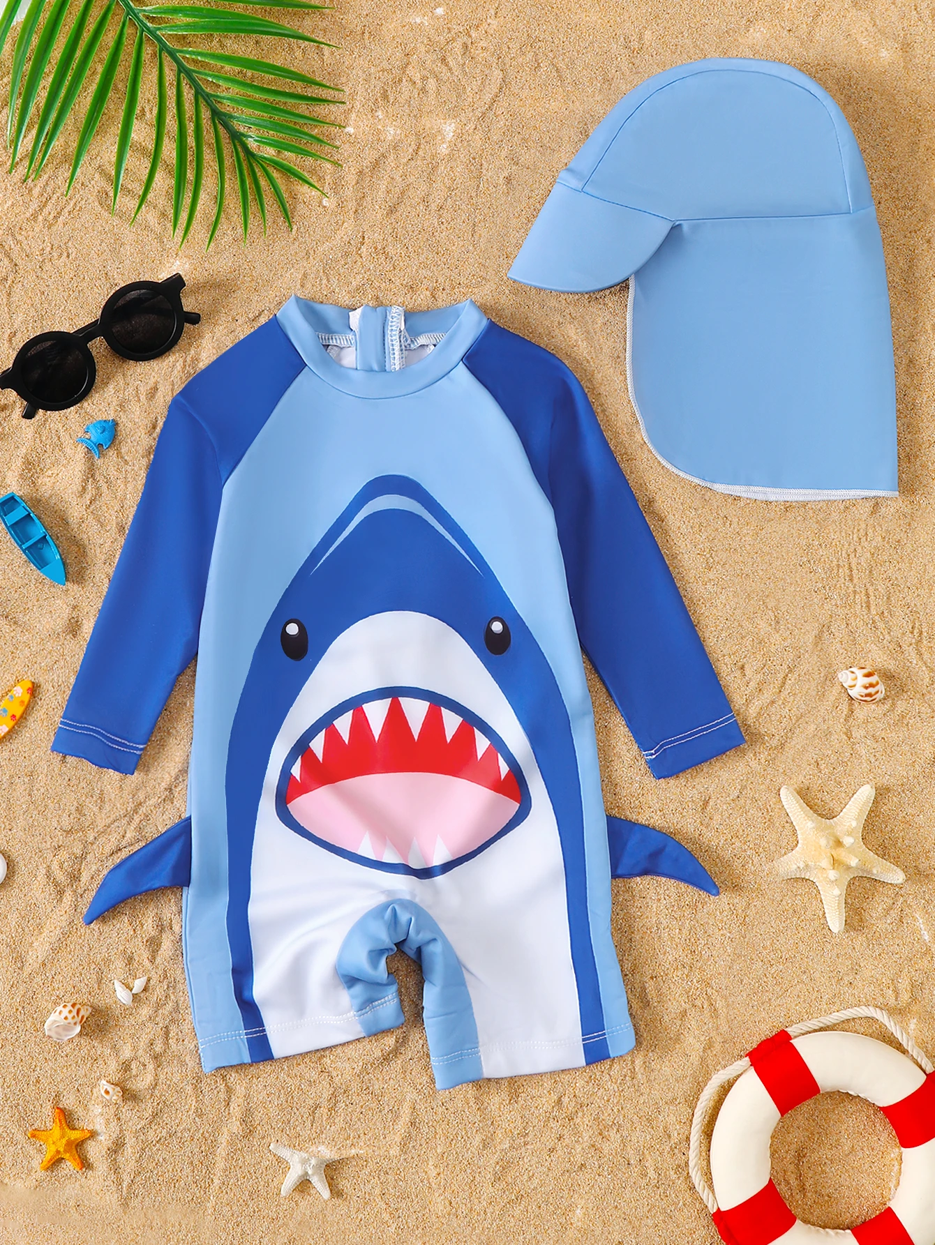 Baby Boy Summer Shark Print Long Sleeve Onesie Swimsuit with Hat Infant Swimwear Cover-up Clothing Accessory