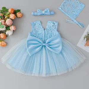 Baby Girl 0-2 Years Old Blue Dress Set Wedding Flower Girl One Year Old Fluffy Gauze Dress Set