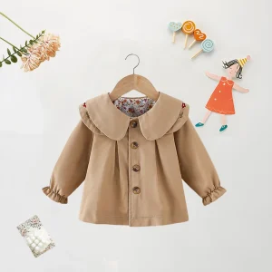 Baby Girl Clothes Spring and Autumn Baby Girl Solid Color Casual Windbreaker Big Collar Single breasted Cute Coat