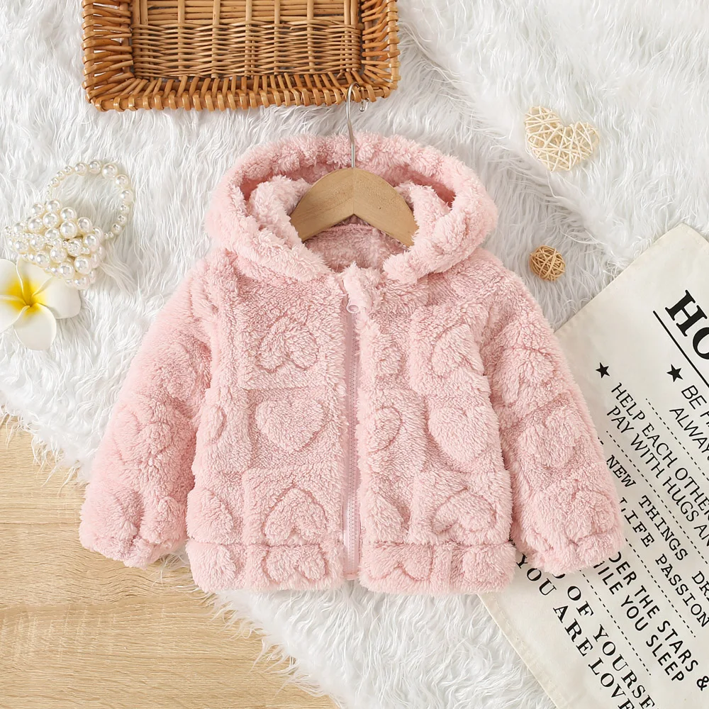Baby Girl Coat Fall/Winter Solid-Color Shearling Hooded Girl Jacket Cute And Warm Baby Outerwear - Image 2