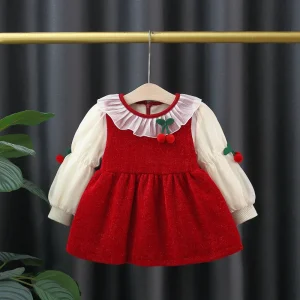 Baby Girl Dress Autumn/Winter Cotton Color Blocked Lace Edge Lapel Bubble Sleeve Girls Dresses Cute And Warm Baby Girl Clothing