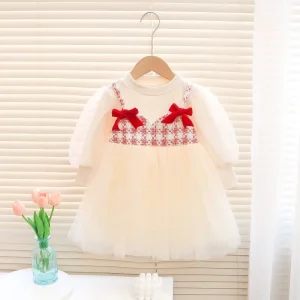 Baby Girl Dress Autumn/Winter Cotton Solid Color Bow Mesh Long Sleeve Girls Dresses Sweet And Cute Christmas Princess Dress