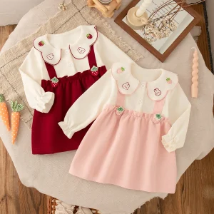 Baby Girl Dress Spring/Autumn Cotton Color Blocked Rabbit Strawberry Pattern Lapel Girl Dress Cartoon Casual Baby Girl Clothing