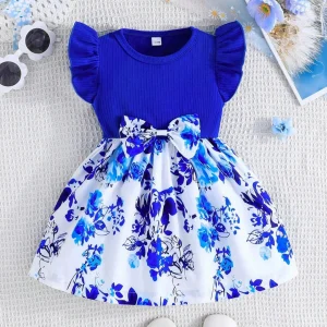 Baby Girl Dress Summer Bow And Flower Pattern Knit Solid Color Short Sleeve Baby Dresses Cute Casual Girl Kid's Dress