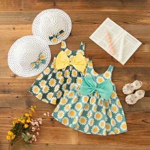 Baby Girl Dress Summer Bow And Sunflower Pattern Halter Beach Girl Kid's Dress Cute Casual Baby Dresses With Hat