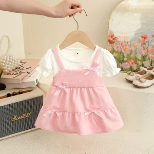 Baby Girl Dress Summer Bow Solid Color Fake Two Piece Bubble Sleeve Girl Kid's Dress Cute Gentle Baby Girl's Princess Dresses
