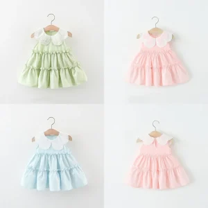 Baby Girl Dress Summer Solid Color Lapel Sleeveless Girl Dress Cute Cotton Girl Beach Dress Baby Girl Clothes ﻿