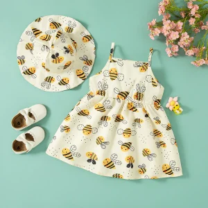 Baby Girl Dresses Summer Bee Printed Halter Girl Dresses Cute Girls Beach Dresses with Hat
