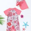 Baby Girl Floral Print Short Sleeve Swimsuit with Hat Infant Swimming Suit Comfortable Soft Fabric Baby Pool Outfit
