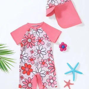 Baby Girl Floral Print Short Sleeve Swimsuit with Hat Infant Swimming Suit Comfortable Soft Fabric Baby Pool Outfit