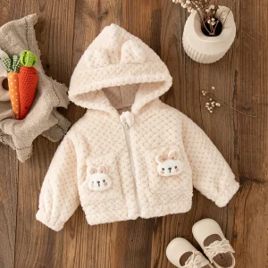 Baby Girl Plush Coat Cute Doll Decoration Long Sleeved Hooded Zipper Solid Color Coat Girl Keep Warm Clothes for Winter