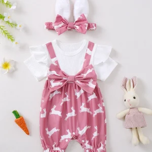 Baby Girl Rabbit Print Short Sleeve Romper Suit with Headwear Infant Clothing Set