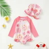 Baby Girl Summer Cute Flower Long Sleeve Onesie Swimsuit with Sun Hat Infant Swimming Suit with UV Protection