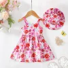 Baby Girl Summer Dress Strap Beautiful Printed Strap Dress+Hat Two Piece Set for 0-3 Year Old Baby Girl Beach Vacation Dress
