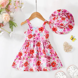 Baby Girl Summer Dress Strap Beautiful Printed Strap Dress+Hat Two Piece Set for 0-3 Year Old Baby Girl Beach Vacation Dress