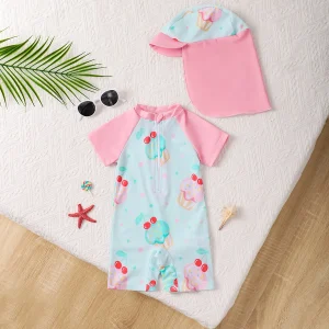 Baby Girl Summer Ice Cream Print Onesie Swimsuit with Hat Infant Swimwear Comfortable Soft Fabric Baby Clothes And Accessories