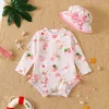Baby Girl Summer Peach Pattern Full Print Long Sleeve Onesie Swimsuit with Hat Infant Swimwear Set