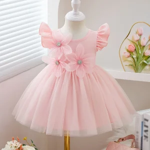 Baby Girl Summer Sweet Princess Skirt: Flutter Sleeves + 3D Flowers + Tulle Tutu, Special Occasions, Birthday & Valentine's Gift
