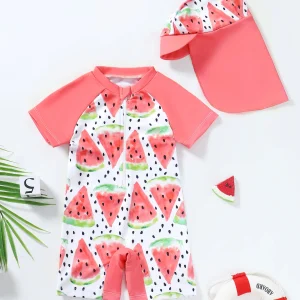 Baby Girl Summer Watermelon Print One-Piece Swimsuit with Hat Infant Swimwear Comfortable Soft Fabric Baby Pool Outfit
