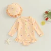 Baby Girls Swimsuit, Long Sleeve Flower Print Zipped Bikini with Hat Newborn Swimwear for Summer Bathing